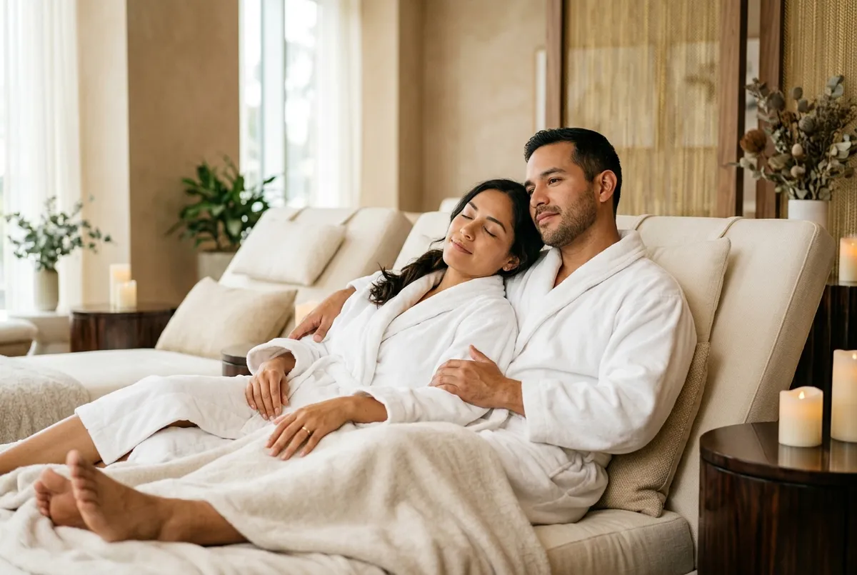 A couple in white robes relaxing side by side on plush beds in a tranquil couples' spa suite