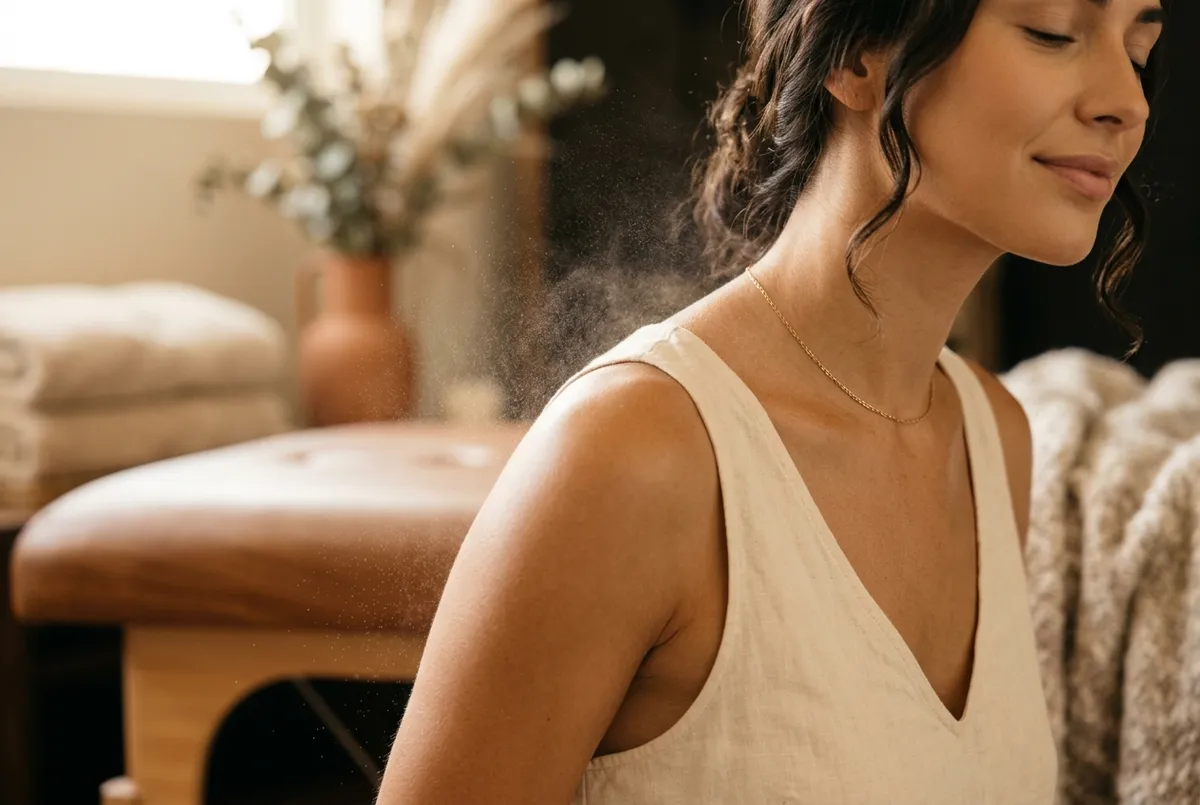 Close-up of a woman's glowing bronzed sun-kissed shoulder with a fine tanning mist in a warm spa