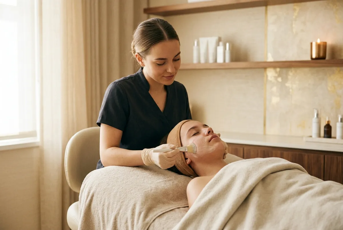 Esthetician applying a gentle facial mask to a relaxed young teen with clear, healthy skin