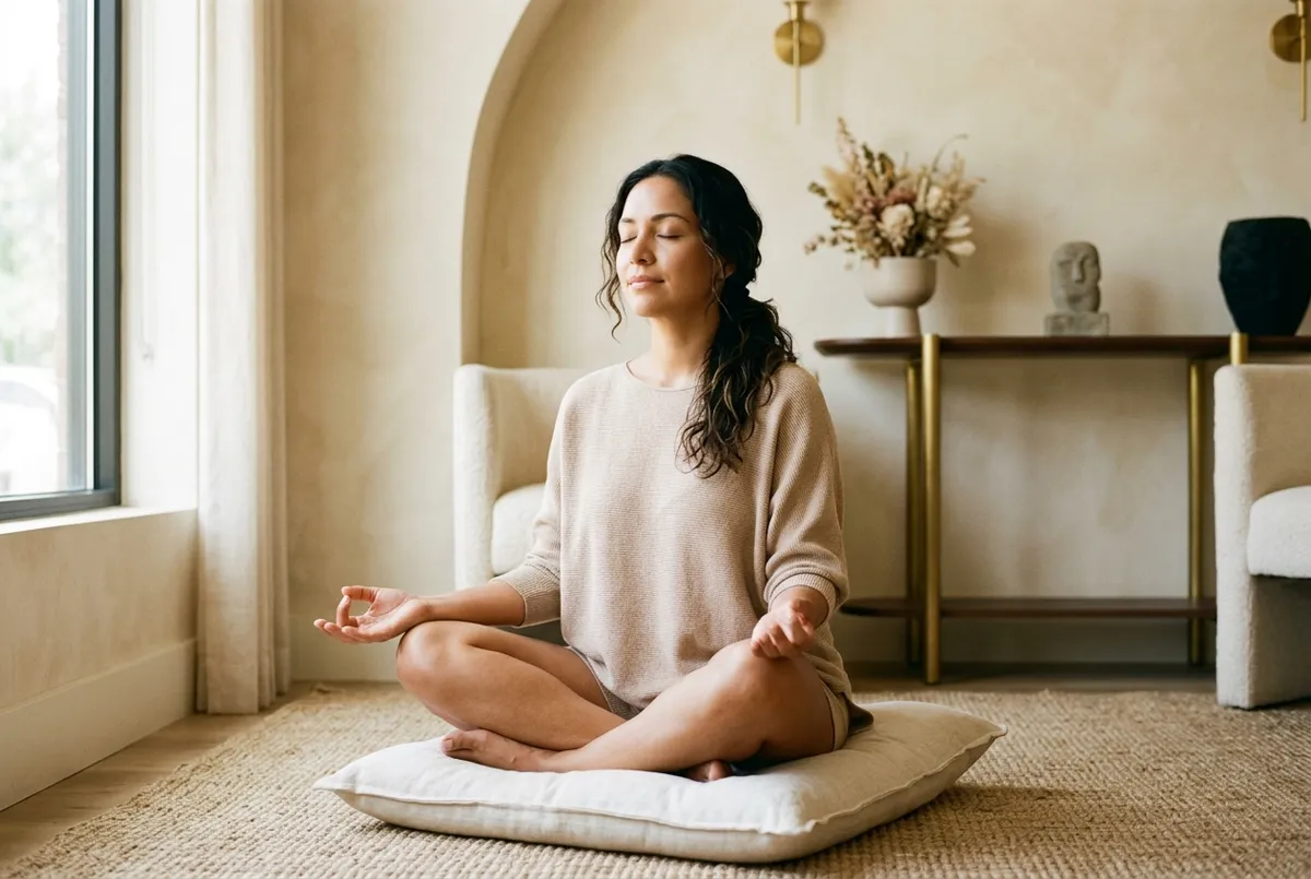 Serene woman meditating with calm, clear glowing skin in a tranquil warm-lit spa setting