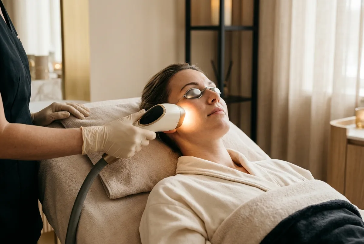 Woman in protective eye shields receiving an IPL photofacial flash against her cheek