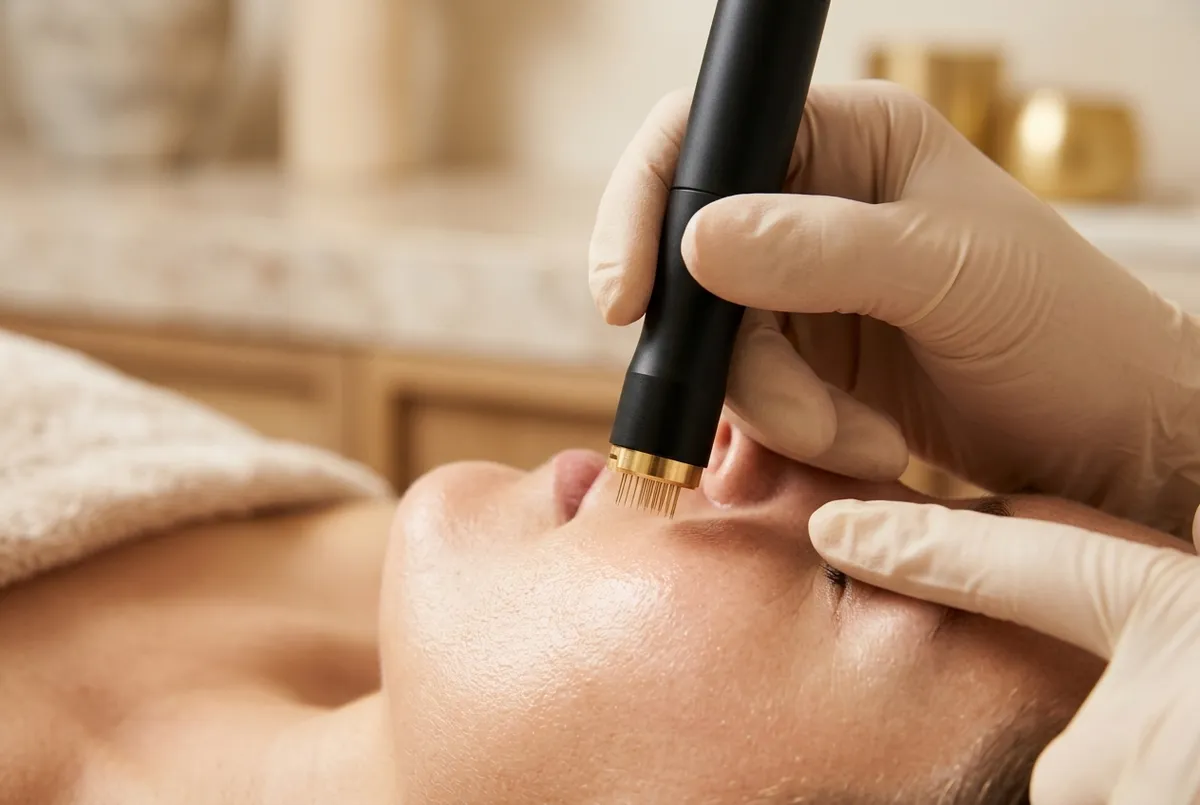 Macro of a microneedling device tip with fine gold pins against smooth skin during treatment