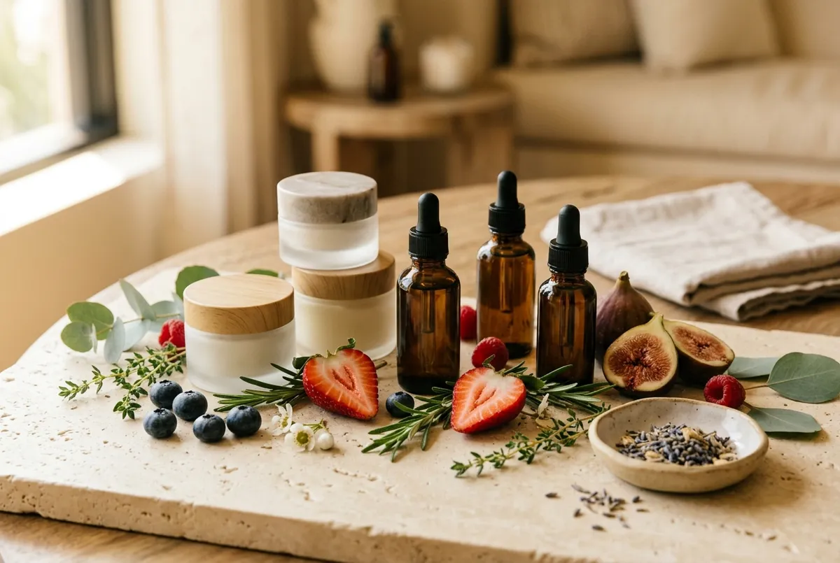 Natural organic skincare jars and dropper bottles surrounded by fresh fruit and herbs on warm stone